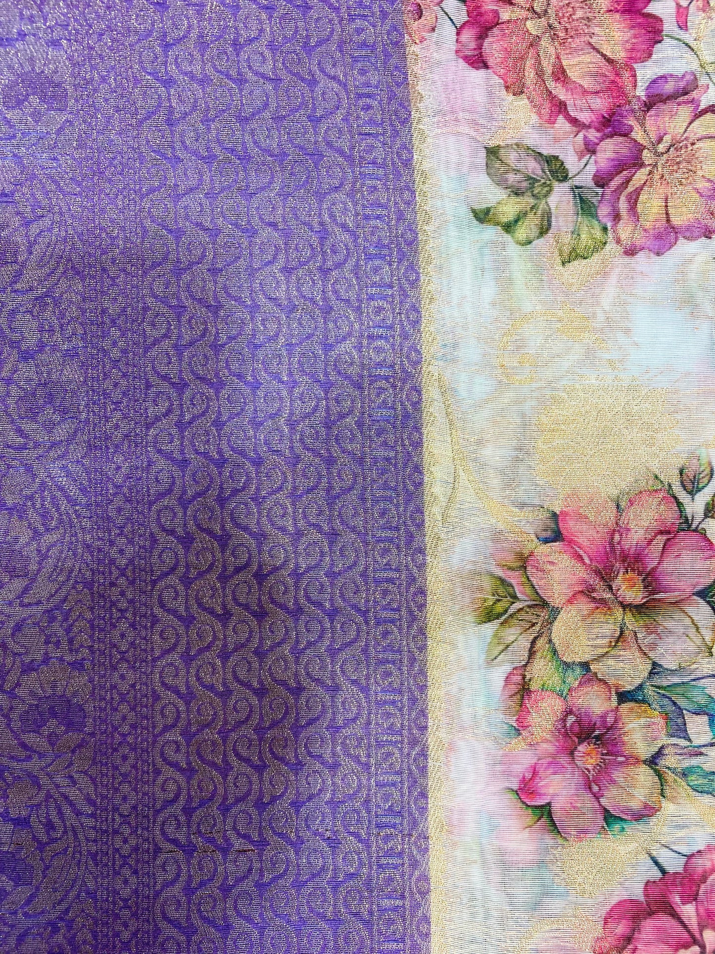 White Flower Print with Purple Border Burberry Handloom Silk Saree BH1001