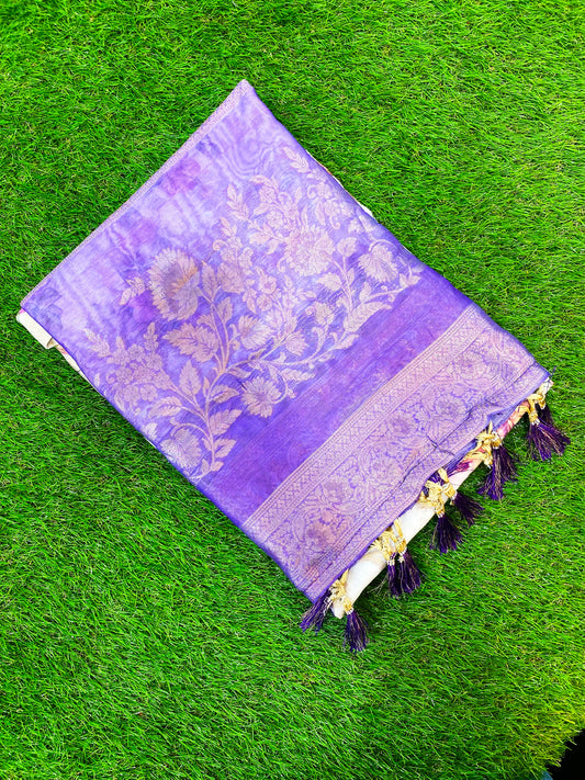 White Flower Print with Purple Border Burberry Handloom Silk Saree BH1001