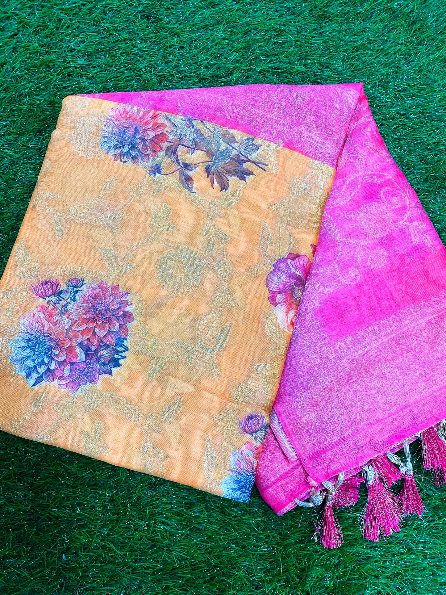 Pink and yellow Color Burberry Handloom Silk Saree BH1003