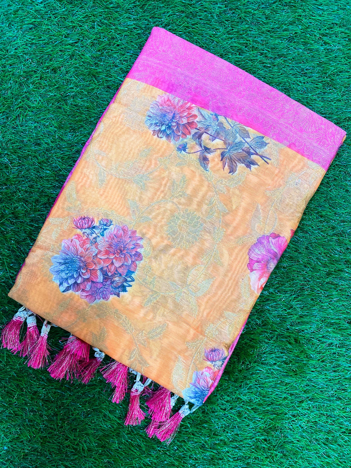 Pink and yellow Color Burberry Handloom Silk Saree BH1003