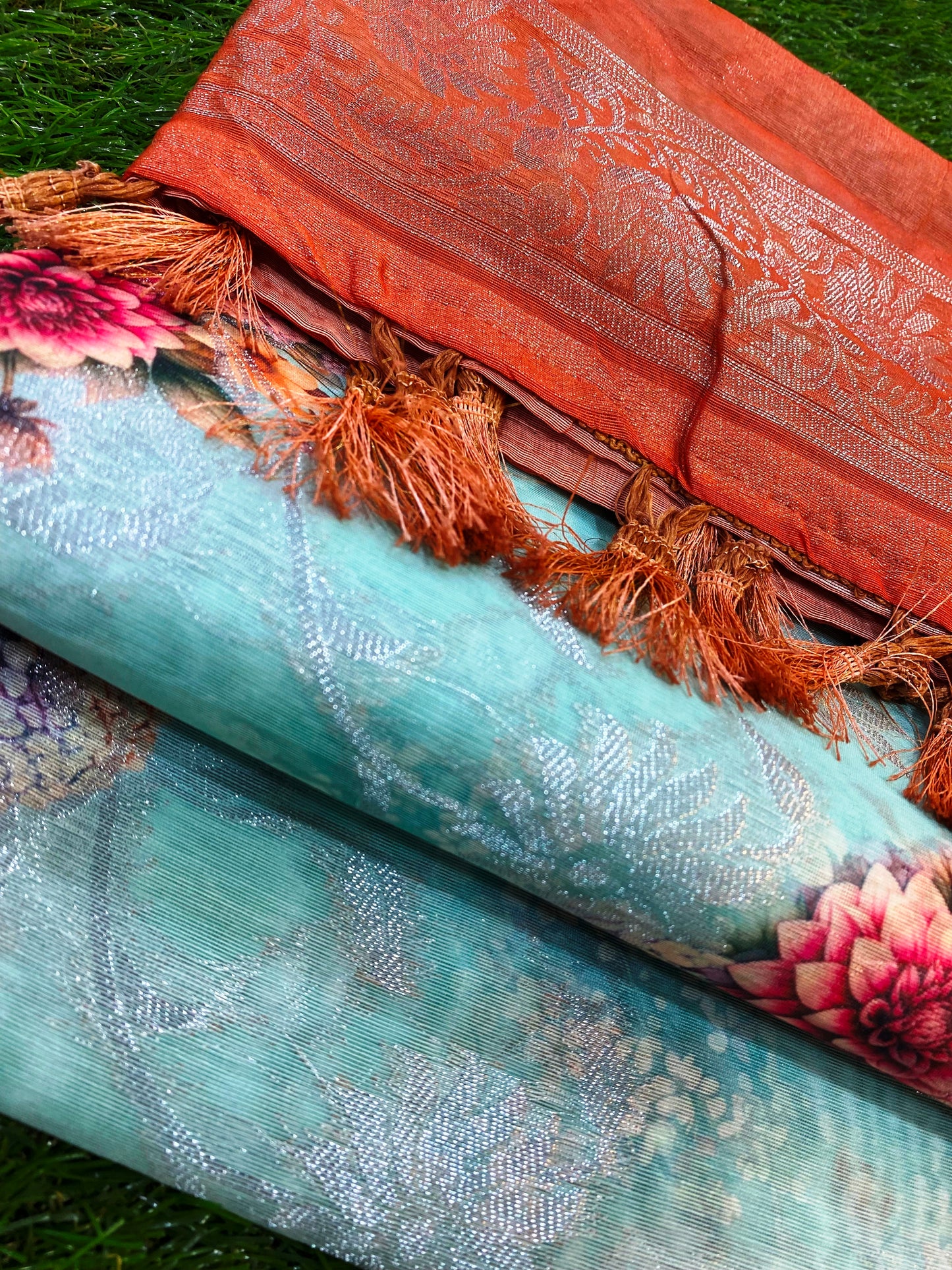 Sky Blue and Orange Color Burberry Handloom Silk Saree BH1005