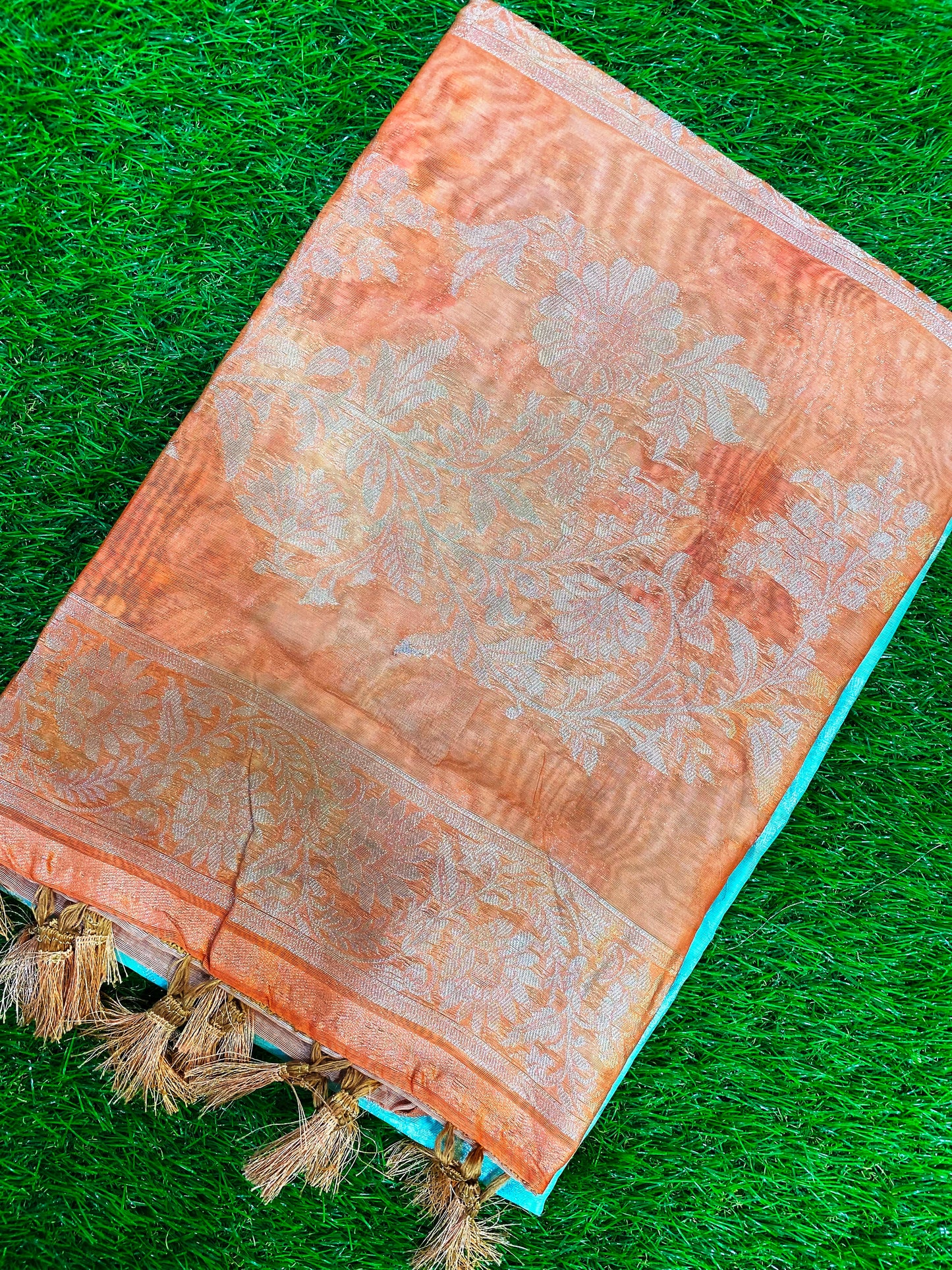 Sky Blue and Orange Color Burberry Handloom Silk Saree BH1005