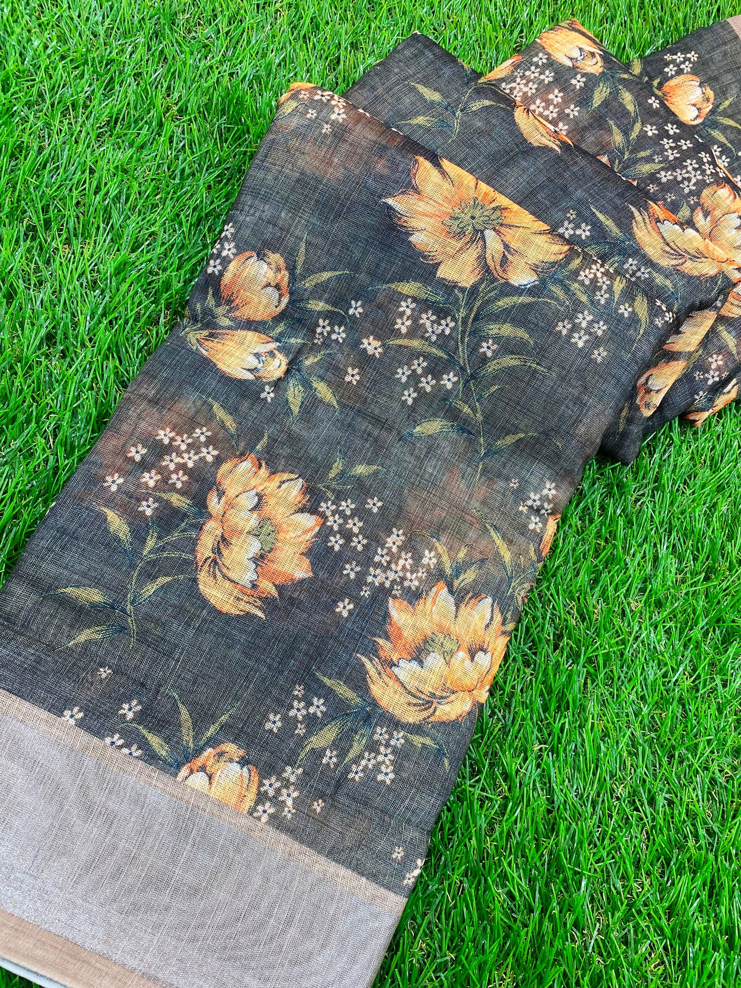 Black Color Linen Saree with Orange Flower SGL1002