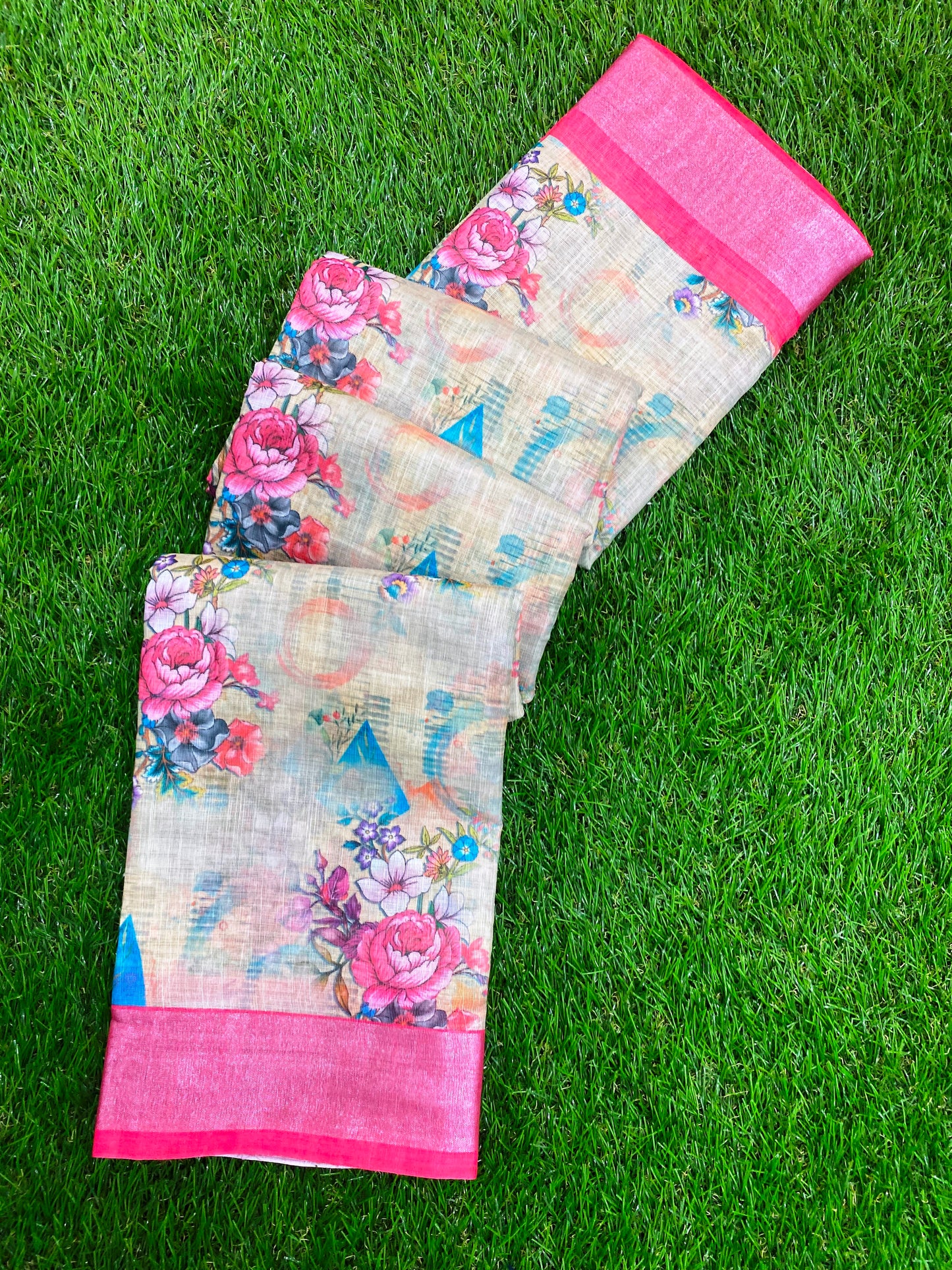 Flower print Linen Saree with Pink Zari Border SGL1003