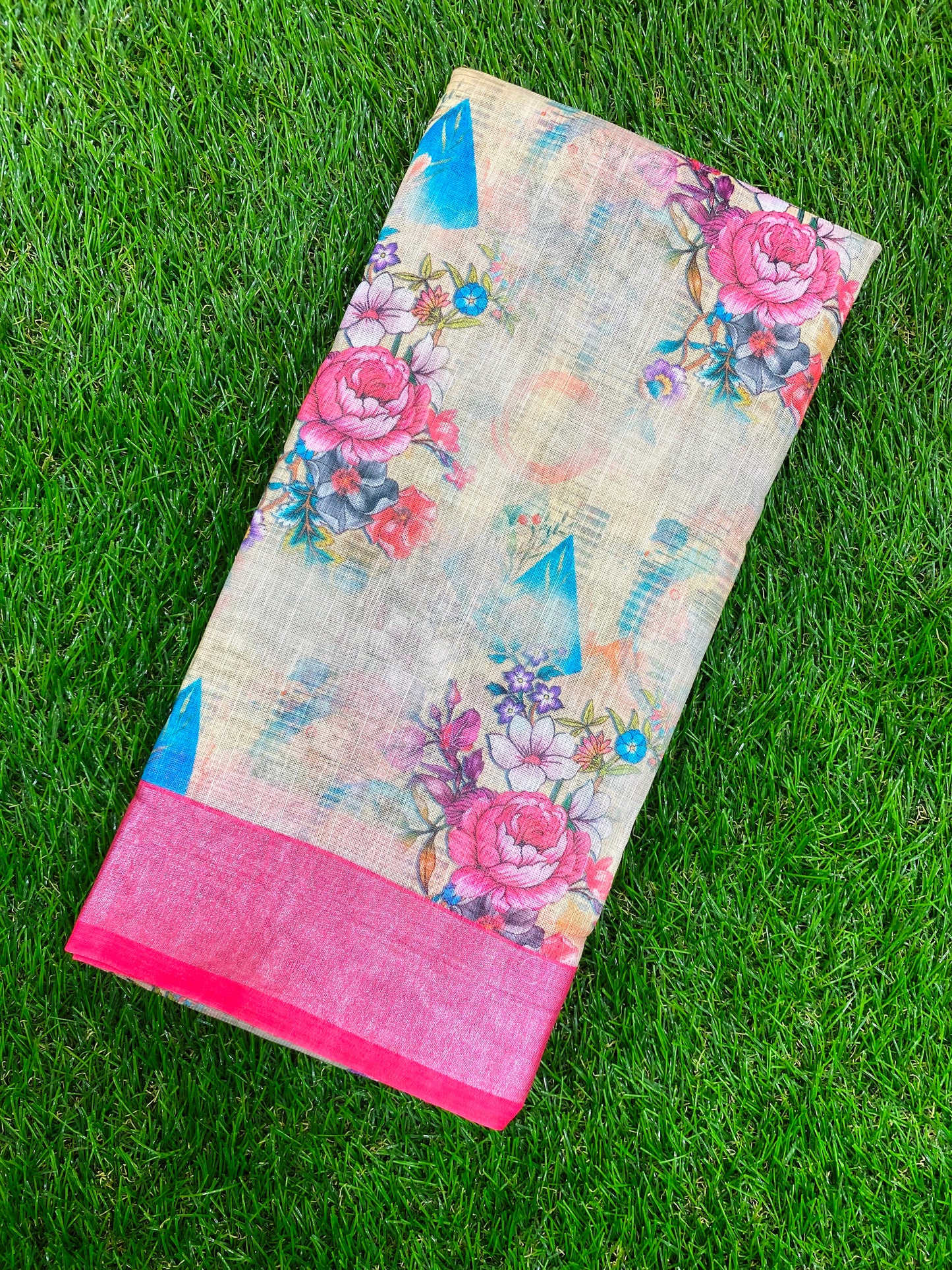 Flower print Linen Saree with Pink Zari Border SGL1003