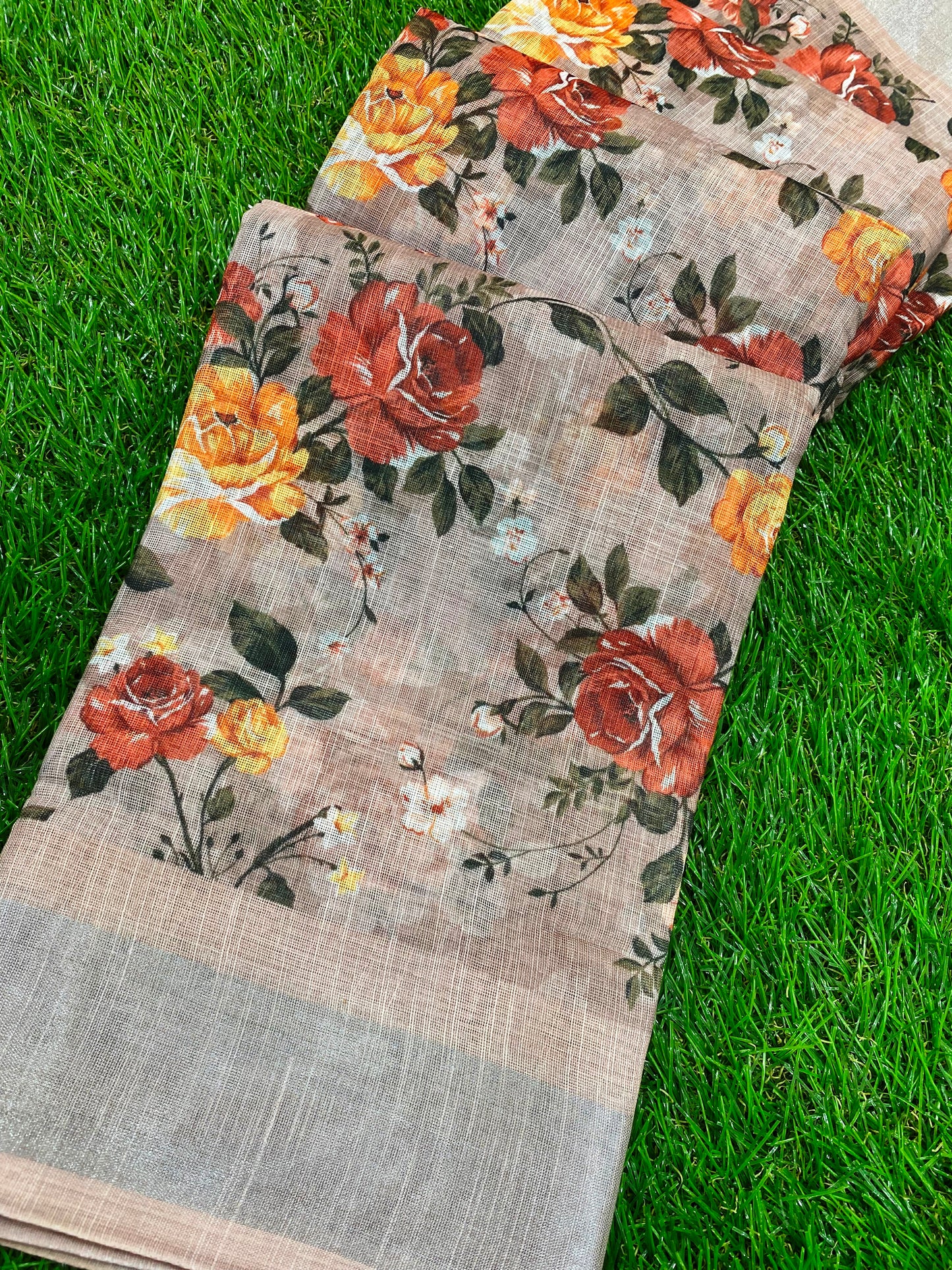 Pure Linen Multi Flowe Print with Zari Border SGL1004